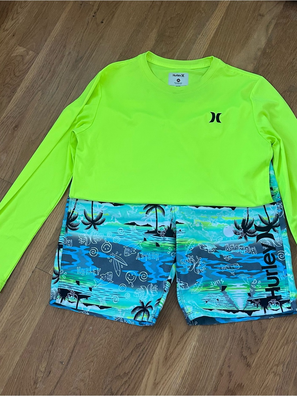 Hurley Boys Neon Yellow Long Sleeve Rash Guard and Blue Tropical Swim Shorts Set